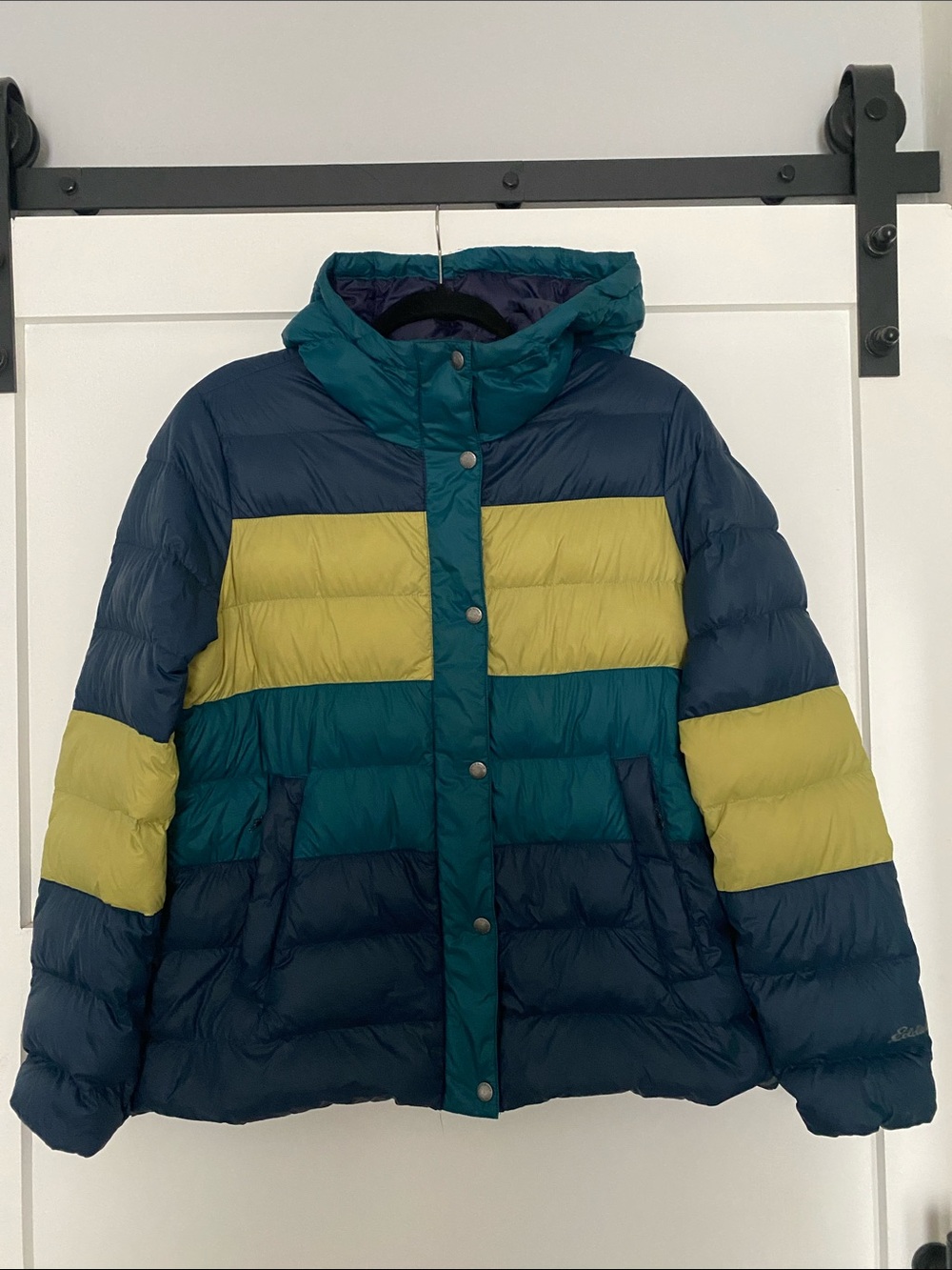 Eddie Bauer Colorblock Lightweight Puffer Jacket - Teal, Navy & Lime Green